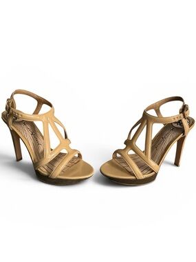 Modern Vintage Tan Strappy High Heel Sandals|Size 38/US 8
